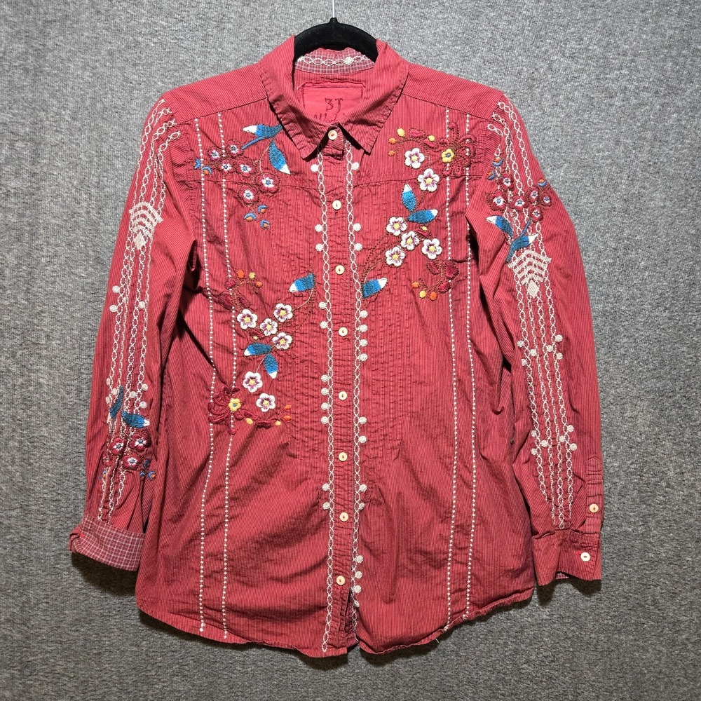 Johnny Was 3J Workshop Coral Red Floral Embroidered Striped Shirt Womens Small